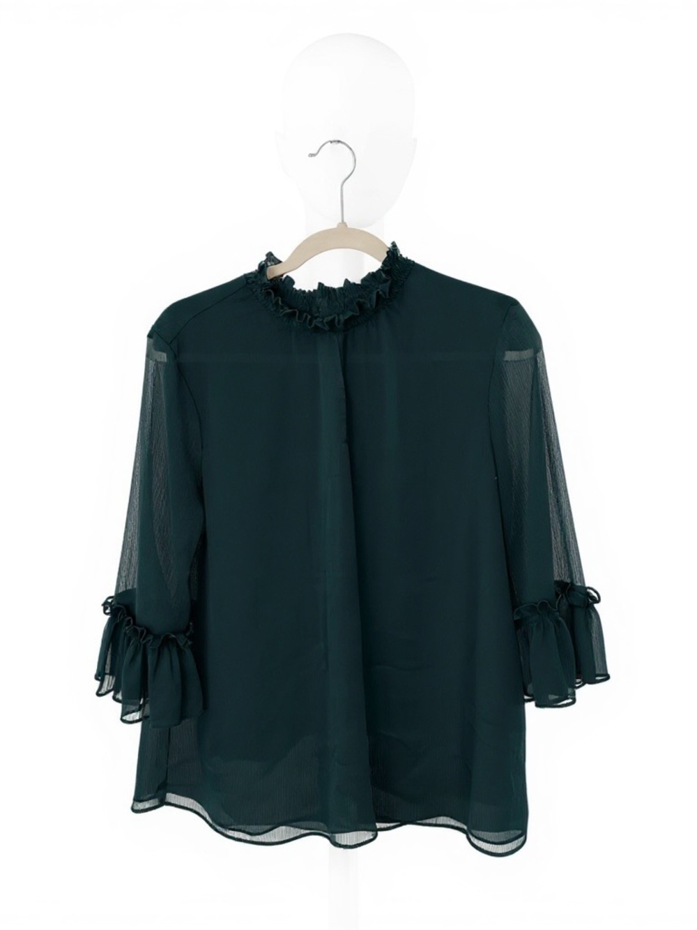 Ann Taylor Factory Ruffle Neck Chiffon Blouse - Dark Teal Size Large 3/4 Sleeve